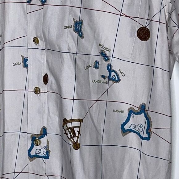 Cooke Street Honolulu White-Blue-Brown Graphic Map Design Aloha Shirt Medium - Picture 5 of 5
